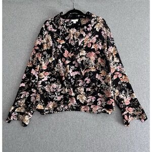 J. JILL Crepe Foux Wrap Overlap Shirt Top Black Floral Long Sleeve Size Medium M